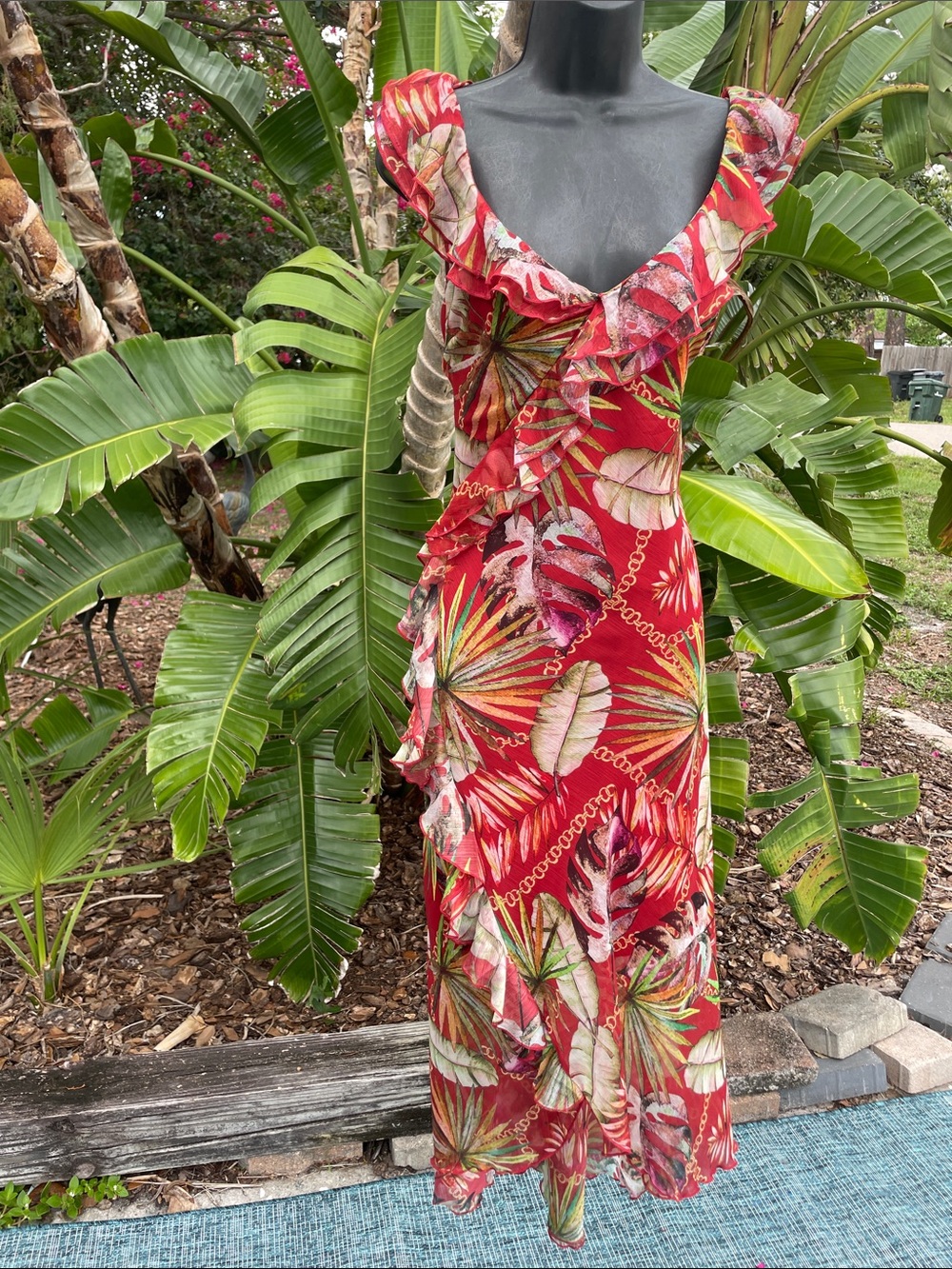 bias, cut, ruffled, tropical floral high, low dress by guess